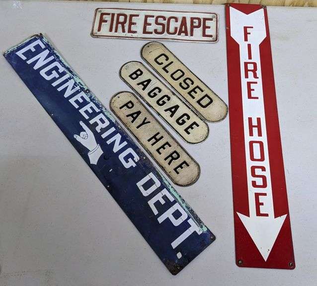 6 TIN SIGNS ENGINEERING DEPT - FIRE ESCAPE - PAY HERE - BAGGAGE ...