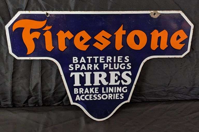 PORCELAIN SIGN FIRESTONE TIRES BATTERIES SPARK PLUGS BRAKE LINING ACCESSORIES