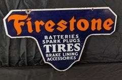 PORCELAIN SIGN FIRESTONE TIRES BATTERIES SPARK PLUGS BRAKE LINING ACCESSORIES
