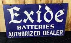 PORCELAIN SIGN EXIDE BATTERIES AUTHORIZED DEALER 2 SIDED
