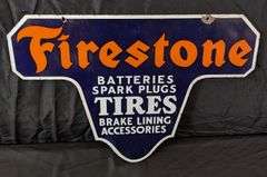 PORCELAIN SIGN FIRESTONE TIRES BATTERIES SPARK PLUGS BRAKE LINING ACCESSORIES