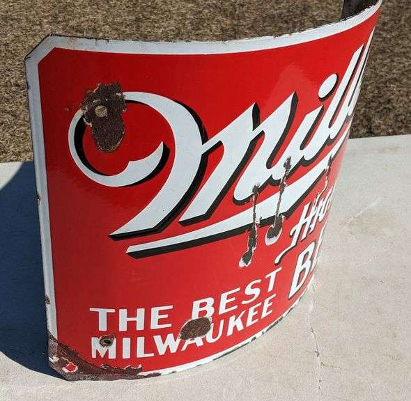 PORCELAIN CURVED CORNER SIGN MILLER HIGH LIFE BEER MILWAUKEE WISCONSIN