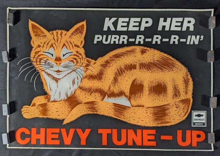 CHEVROLET SERVICE POSTER SIGN KEEP HER PURR-R-R-R-IN' CHEVY TUNE UP "BLACK LIGHT"