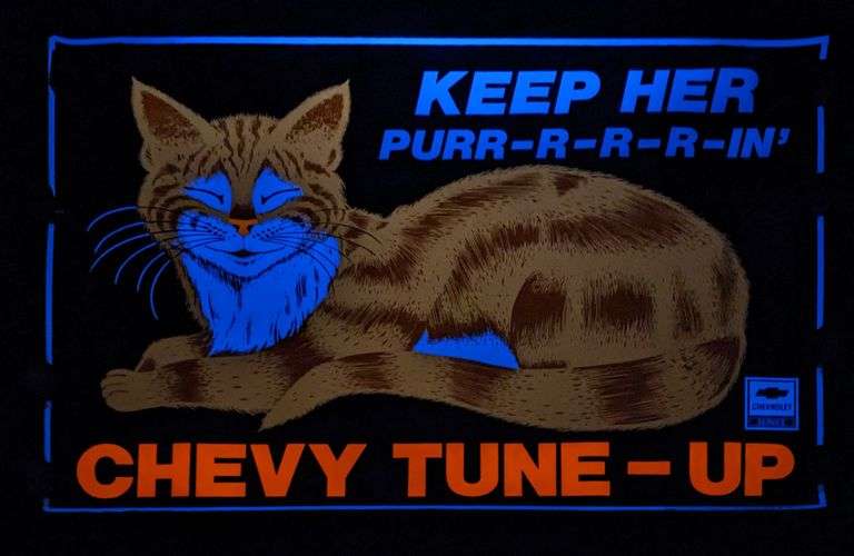 CHEVROLET SERVICE POSTER SIGN KEEP HER PURR-R-R-R-IN' CHEVY TUNE UP "BLACK LIGHT"
