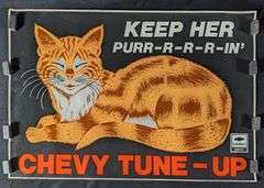 CHEVROLET SERVICE POSTER SIGN KEEP HER PURR-R-R-R-IN' CHEVY TUNE UP "BLACK LIGHT"