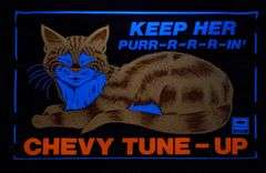 CHEVROLET SERVICE POSTER SIGN KEEP HER PURR-R-R-R-IN' CHEVY TUNE UP "BLACK LIGHT"