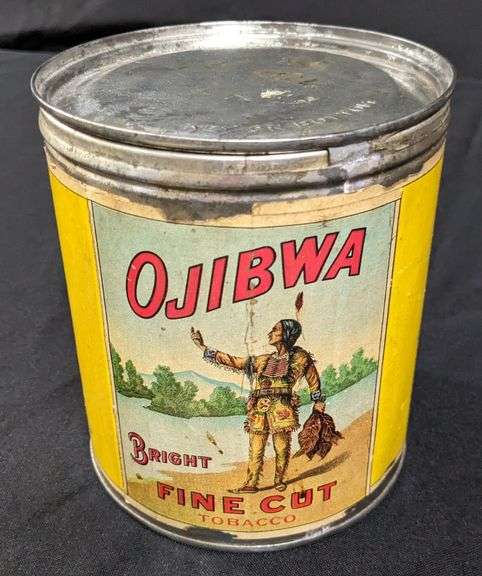 PAPER LABEL TIN CAN OJIBWA FINE CUT TOBACCO SCOTTEN DILLON CO DETROIT MICHIGAN