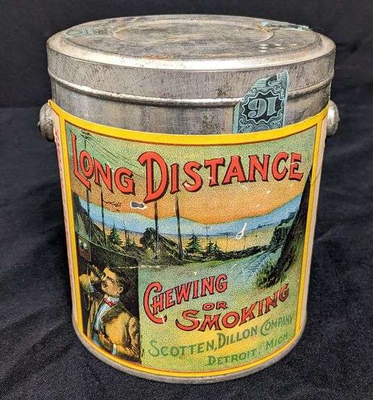 PAPER LABEL TIN CAN LONG DISTANCE TOBACCO SCOTTEN DILLON CO DETROIT MICHIGAN