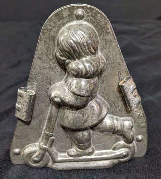 ANTIQUE CHOCOLATE MOLD GIRL CHILD ON SCOOTER ANTON REICHE DRESDEN