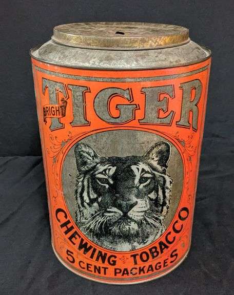 TIN COUNTRY STORE TIN BIN TIGER CHEWING TOBACCO 5¢ PACKAGES