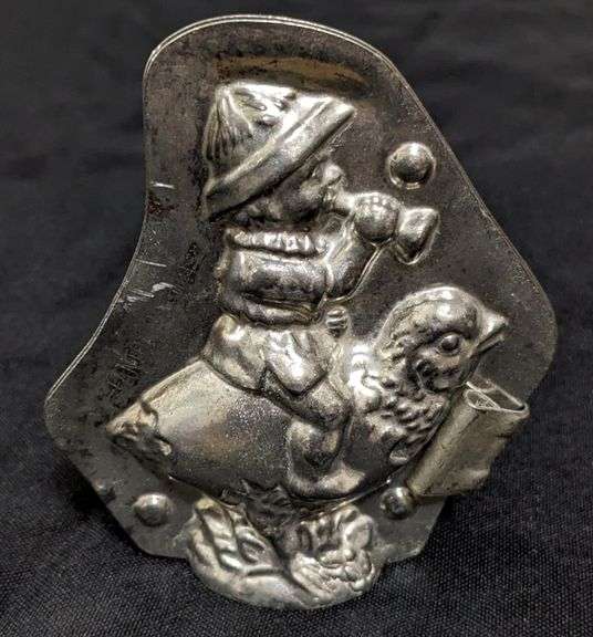 ANTIQUE CHOCOLATE MOLD EASTER BOY RIDING CHICK BLOWING TRUMPET ANTON REICHE DRESDEN