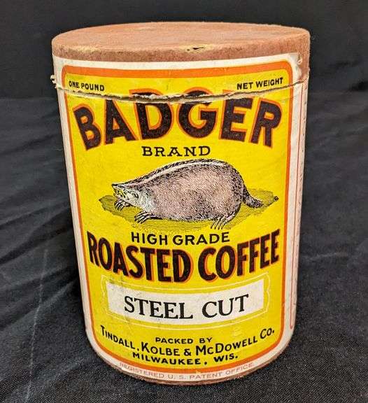 CARDBOARD 1# CONTAINER BADGER BRAND ROASTED COFFEE TINDALL KOLBE MCDOWELL MILWAUKEE WI