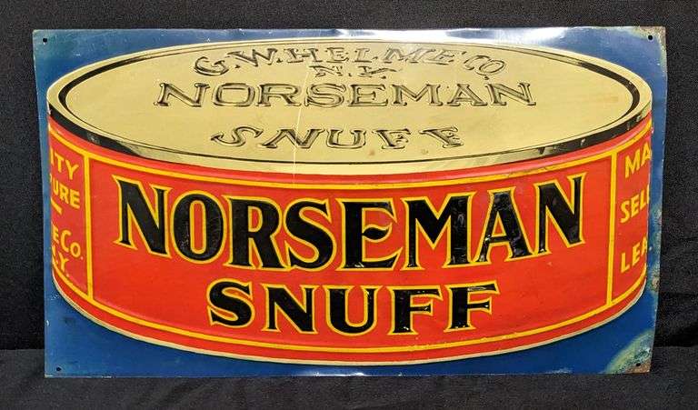 EMBOSSED TIN SIGN NORSEMAN SNUFF