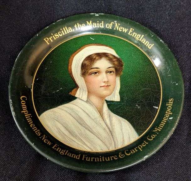 TIN TIP TRAY PRISCILLA THE MAID OF NEW ENGLAND FURNITURE MINNEAPOLIS MN