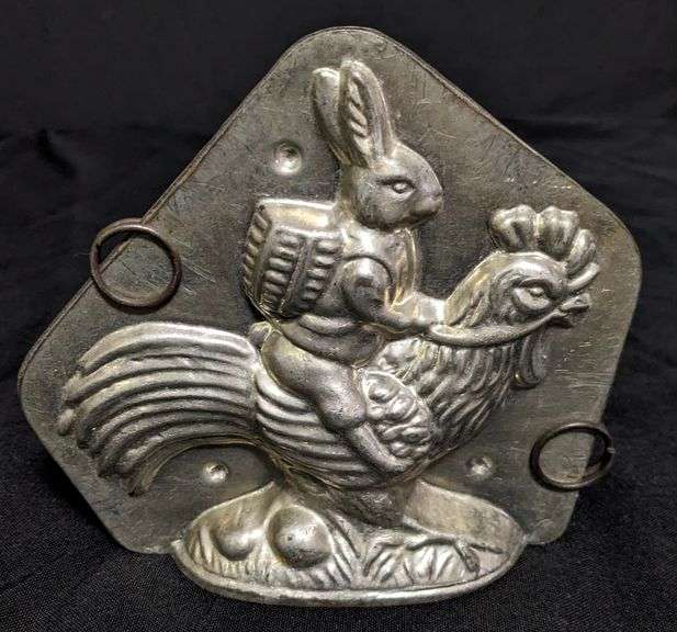 ANTIQUE CHOCOLATE MOLD EASTER BUNNY RABBIT RIDING CHICKEN ROOSTER