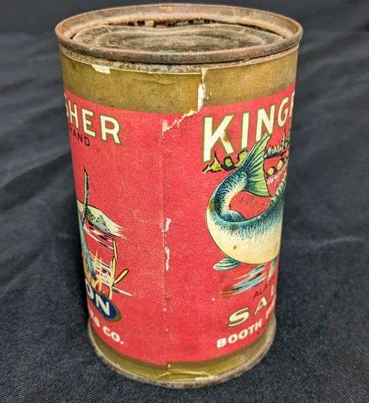15 1/2 OZ PAPER LABEL TIN CAN KINGFISHER BRAND ALASKA SALMON BOOTH FISHERIES CHICAGO