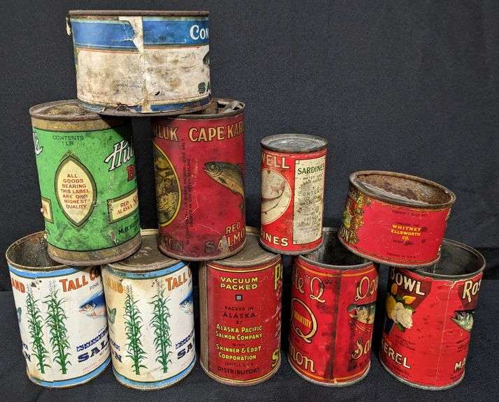 10 ASSORTED ANTIQUE PAPER LABEL TIN CANS SALMON MACKERAL SARDINES