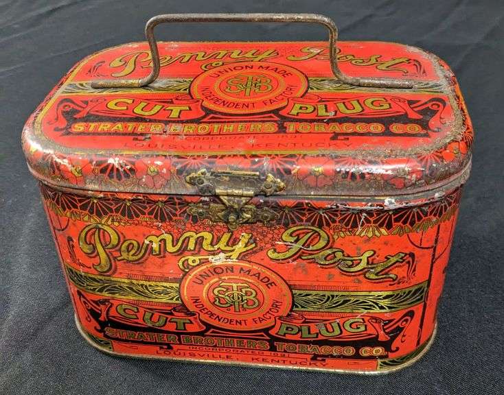 PENNY POST CUT PLUG TOBACCO TIN CAN STRATER BROTHERS LOUISVILLE KY