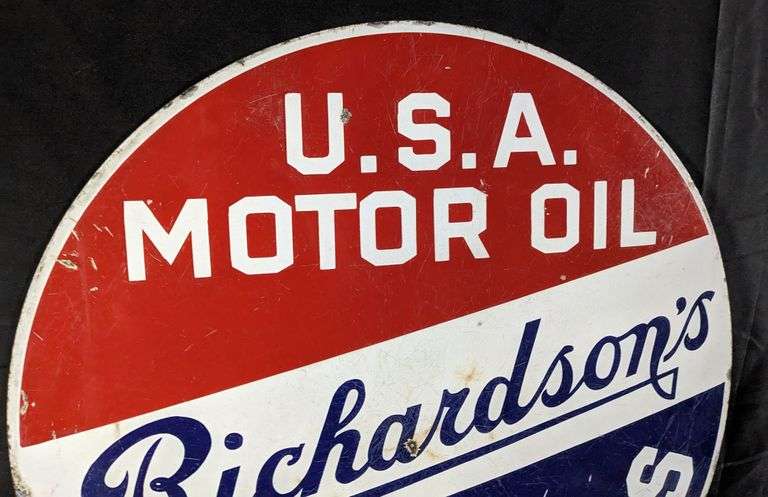 PORCELAIN SIGN USA MOTOR OIL RICHARDSON'S GASOLINES (QUINCY ILLINOIS)