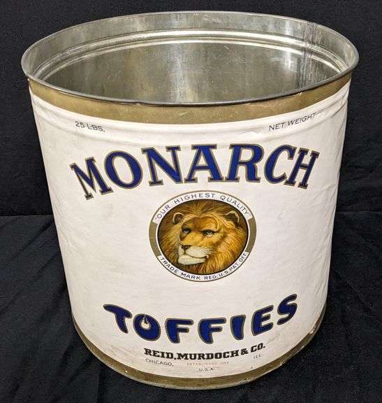 25# PAPER LABEL CANDY TIN BIN MONARCH TOFFEE REID MURDOCH CHICAGO ILLINOIS