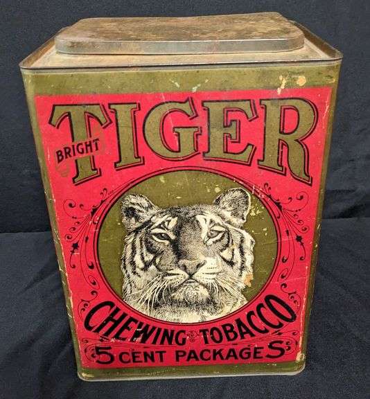 CARDBOARD TIN BIN BRIGHT TIGER CHEWING TOBACCO 5¢ PACKAGES P LORILLARD JERSEY CITY NJ
