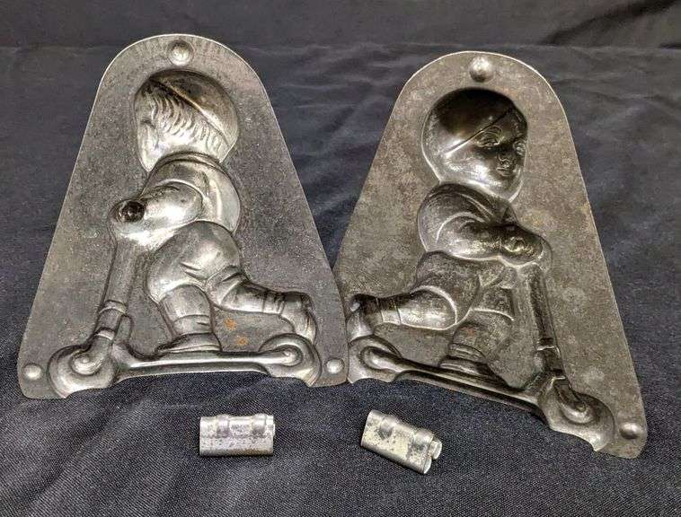 ANTIQUE CHOCOLATE MOLD BOY CHILD ON SCOOTER ANTON REICHE DRESDEN