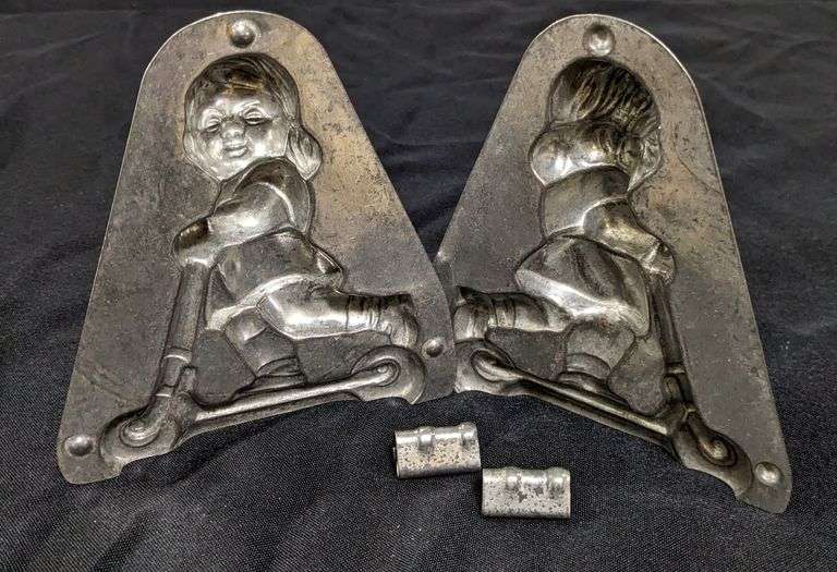 ANTIQUE CHOCOLATE MOLD GIRL CHILD ON SCOOTER ANTON REICHE DRESDEN