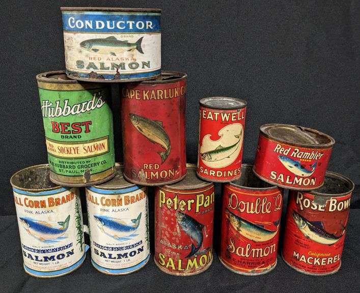 10 ASSORTED ANTIQUE PAPER LABEL TIN CANS SALMON MACKERAL SARDINES