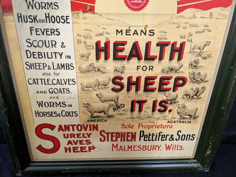 TIN LITHO SIGN "SANTOVIN" MEANS HEALTH FOR SHEEP