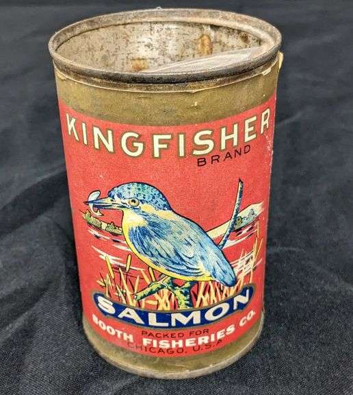 15 1/2 OZ PAPER LABEL TIN CAN KINGFISHER ALASKA CHINOOK SALMON BOOTH FISHERIES CHICAGO