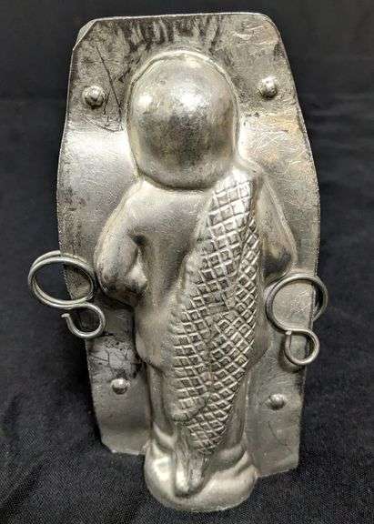 ANTIQUE CHOCOLATE MOLD BOY WITH BLANKET & TOY SAILBOAT