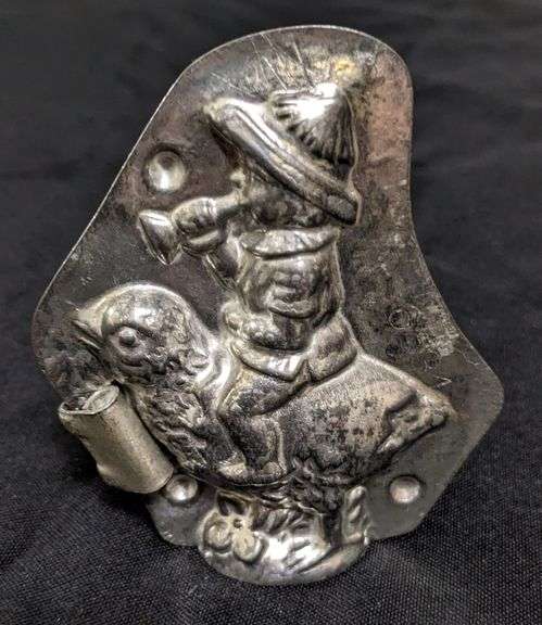 ANTIQUE CHOCOLATE MOLD EASTER BOY RIDING CHICK BLOWING TRUMPET ANTON REICHE DRESDEN