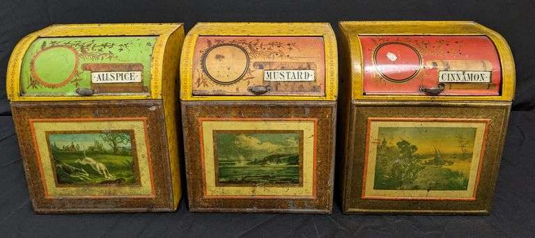 SET OF 3 EARLY TIN LITHO COUNTRY STORE SPICE BINS AMERICAN CAN CO CINNAMON MUSTARD ALLSPICE