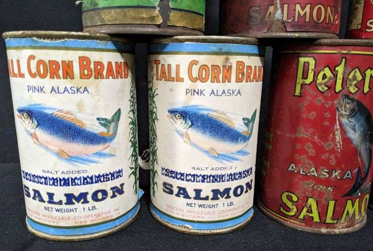 10 ASSORTED ANTIQUE PAPER LABEL TIN CANS SALMON MACKERAL SARDINES