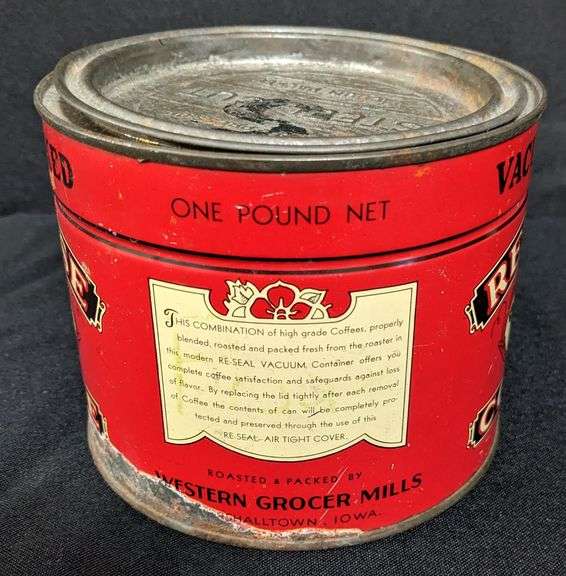 1# COFFEE TIN CAN RED ROSE WESTERN GROCER MILLS MARSHALLTOWN IOWA