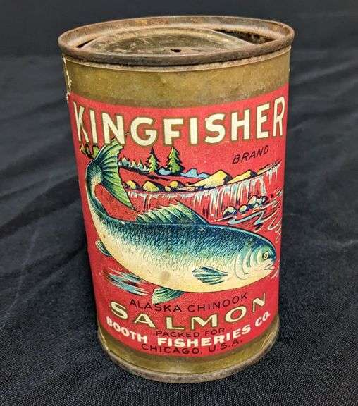 15 1/2 OZ PAPER LABEL TIN CAN KINGFISHER BRAND ALASKA SALMON BOOTH FISHERIES CHICAGO