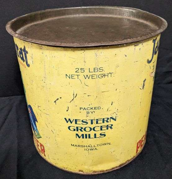 25# TIN BIN JACK SPRAT PEANUT BUTTER WESTERN GROCER MILLS MARSHALLTOWN IOWA