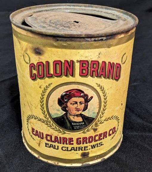 30 OZ PAPER LABEL TIN CAN WHITE CHERRIES COLON BRAND EAU CLAIRE GROCER CO WISCONSIN