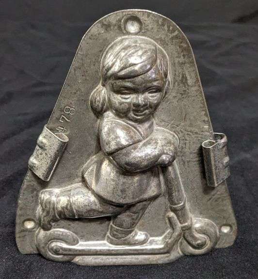 ANTIQUE CHOCOLATE MOLD GIRL CHILD ON SCOOTER ANTON REICHE DRESDEN