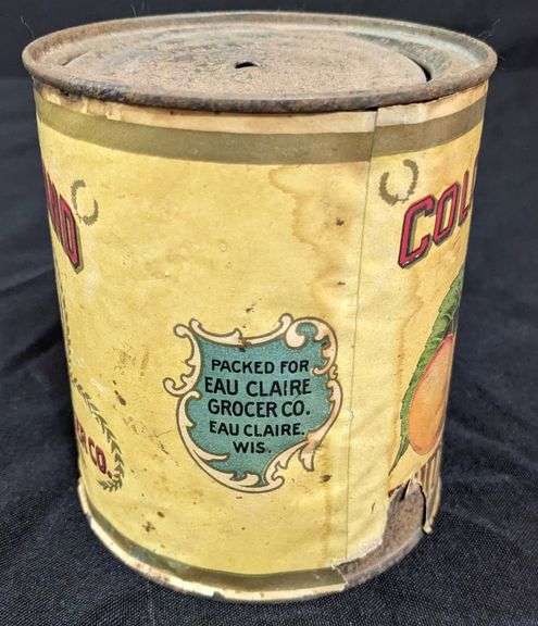 30 OZ PAPER LABEL TIN CAN WHITE CHERRIES COLON BRAND EAU CLAIRE GROCER CO WISCONSIN