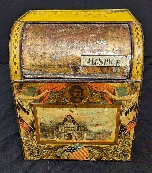 EARLY TIN LITHO COUNTRY STORE SPICE BIN WELLAUER & HOFFMAN MILWAUKEE WI