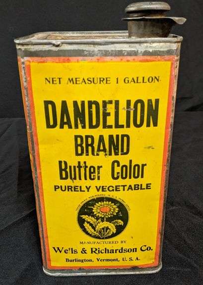 1 GAL TIN CAN WELLS & RICHARDSON CO'S DANDELION BRAND BUTTER COLOR BURLINGTON VERMONT