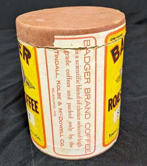 CARDBOARD 1# CONTAINER BADGER BRAND ROASTED COFFEE TINDALL KOLBE MCDOWELL MILWAUKEE WI