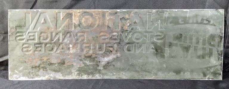 EMBOSSED TIN SIGN NATIONAL STOVES & RANGES QUINCY ILLINOIS