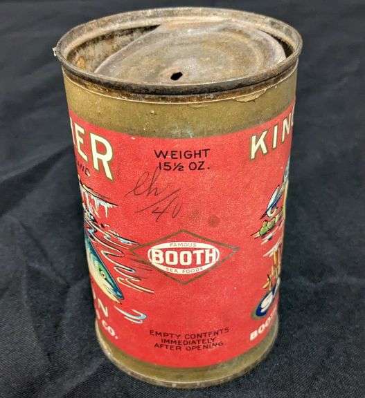 15 1/2 OZ PAPER LABEL TIN CAN KINGFISHER ALASKA CHINOOK SALMON BOOTH FISHERIES CHICAGO