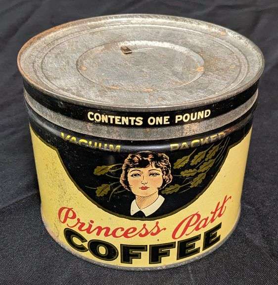 1# TIN COFFEE CAN PRINCESS PATT JORDAN STEVENS CO MINNEAPOLIS MINNESOTA