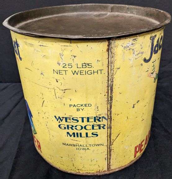 25# TIN BIN JACK SPRAT PEANUT BUTTER WESTERN GROCER MILLS MARSHALLTOWN IOWA
