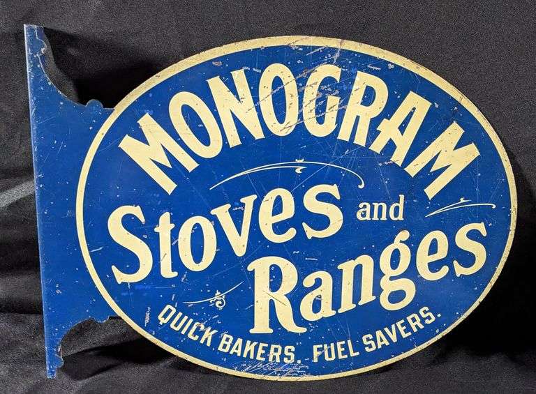 TIN FLANGE SIGN MONOGRAM STOVES & RANGES (QUINCY ILLINOIS)