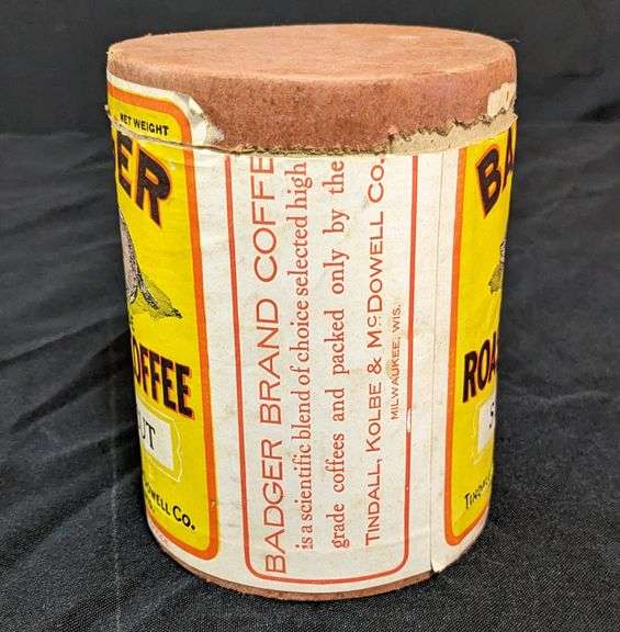 CARDBOARD 1# CONTAINER BADGER BRAND ROASTED COFFEE TINDALL KOLBE MCDOWELL MILWAUKEE WI
