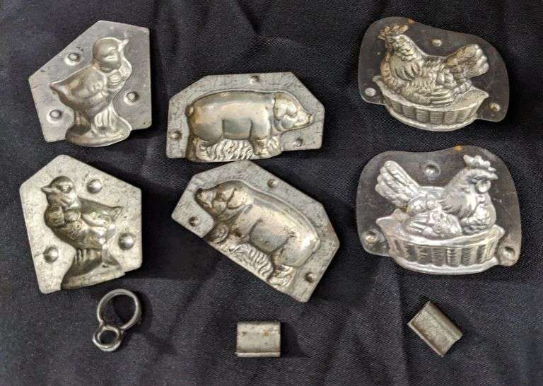 3 ANTIQUE CHOCOLATE MOLDS CHICK HEN CHICKEN SWINE PIG HOG